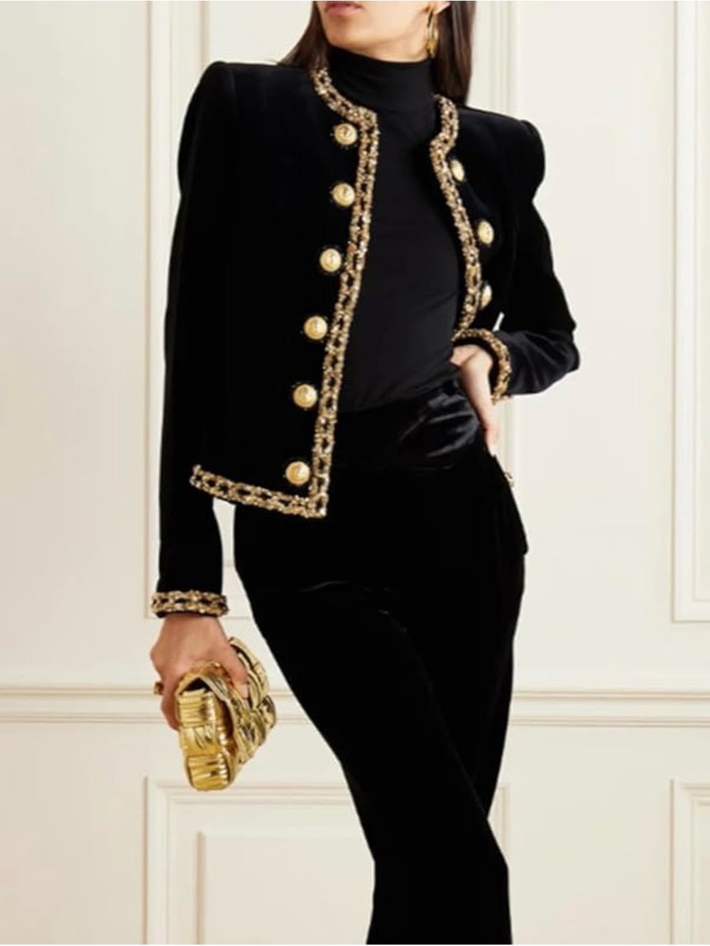 Oshoplive Cropped Blk Velvet Collarless Jacket Dbl-Breasted Button Sequins Trim
